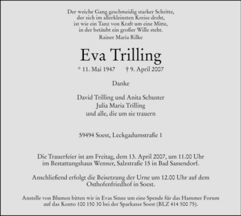 Todesanzeige von Eva Trilling von WESTFÄLISCHER ANZEIGER