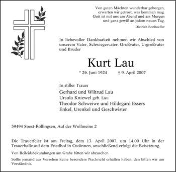 Todesanzeige von Kurt Lau von WESTFÄLISCHER ANZEIGER