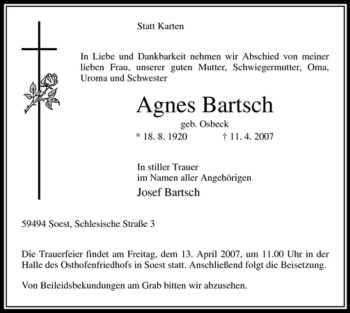 Todesanzeige von Agnes Bartsch von WESTFÄLISCHER ANZEIGER