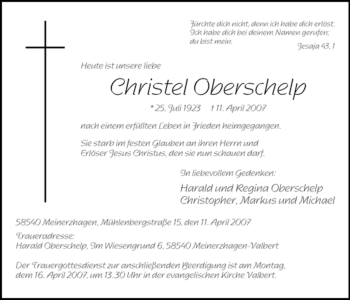 Todesanzeige von Christel Oberschelp von WESTFÄLISCHER ANZEIGER