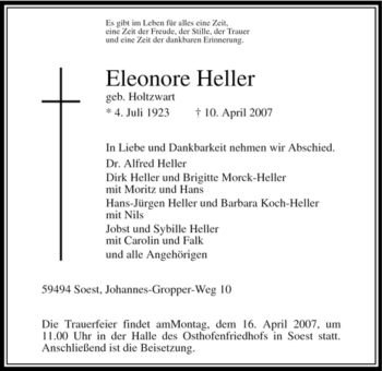 Todesanzeige von Eleonore Heller von WESTFÄLISCHER ANZEIGER