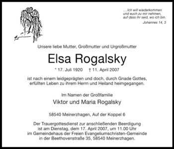 Todesanzeige von Elsa Rogalsky von WESTFÄLISCHER ANZEIGER