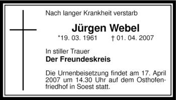 Todesanzeige von Jürgen Webel von WESTFÄLISCHER ANZEIGER