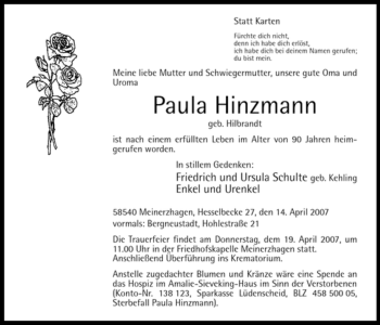 Todesanzeige von Paula Hinzmann von WESTFÄLISCHER ANZEIGER