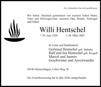 Todesanzeige von Willi Hentschel von WESTFÄLISCHER ANZEIGER