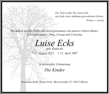 Todesanzeige von Luise Ecks von WESTFÄLISCHER ANZEIGER