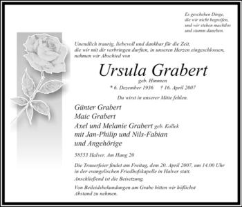 Todesanzeige von Ursula Grabert von WESTFÄLISCHER ANZEIGER