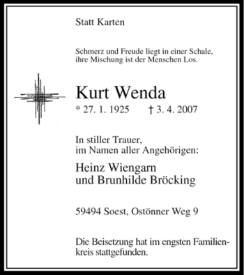 Todesanzeige von Kurt Wenda von WESTFÄLISCHER ANZEIGER