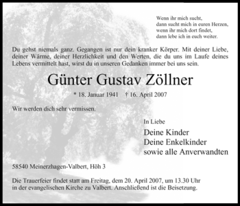 Todesanzeige von Günter Gustav Zöllner von WESTFÄLISCHER ANZEIGER