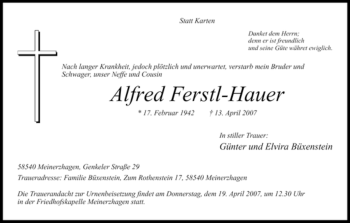 Todesanzeige von Alfred Ferstl-Hauer von WESTFÄLISCHER ANZEIGER