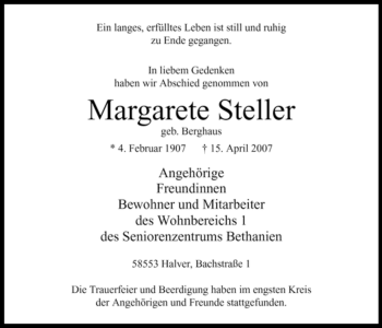 Todesanzeige von margarete Steller von WESTFÄLISCHER ANZEIGER