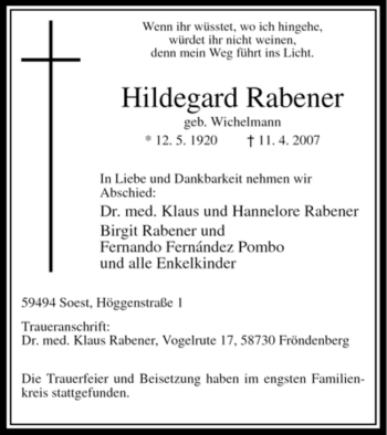 Todesanzeige von Hildegard Rabener von WESTFÄLISCHER ANZEIGER