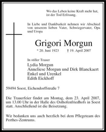 Todesanzeige von Grigori Morgun von WESTFÄLISCHER ANZEIGER