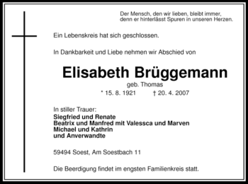 Todesanzeige von Elisabeth Brüggemann von WESTFÄLISCHER ANZEIGER