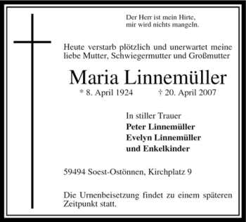 Todesanzeige von Maria Linnemüller von WESTFÄLISCHER ANZEIGER