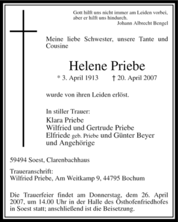 Todesanzeige von Helene Priebe von WESTFÄLISCHER ANZEIGER