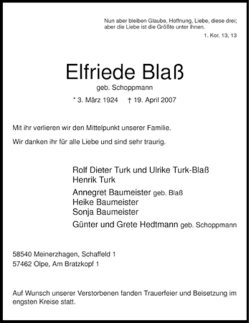 Todesanzeige von Elfriede Blaß von WESTFÄLISCHER ANZEIGER