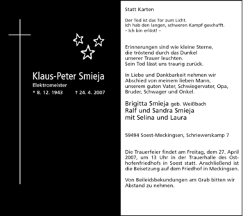 Todesanzeige von Klaus-Peter Schmieja von WESTFÄLISCHER ANZEIGER