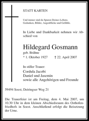 Todesanzeige von Hildegard Gosmann von WESTFÄLISCHER ANZEIGER