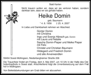 Todesanzeige von Heike Domin von WESTFÄLISCHER ANZEIGER