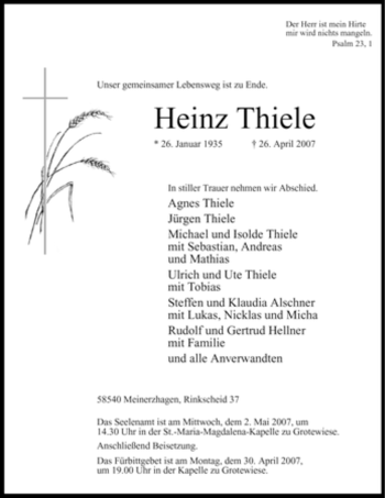 Todesanzeige von Heinz Thiele von WESTFÄLISCHER ANZEIGER