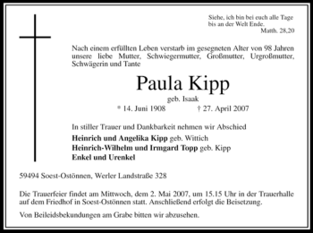 Todesanzeige von Paula Kipp von WESTFÄLISCHER ANZEIGER