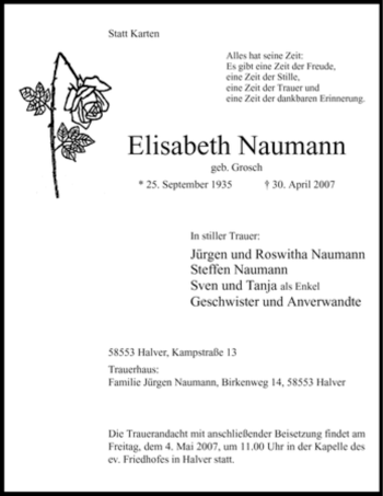 Todesanzeige von Elisabeth Naumann von WESTFÄLISCHER ANZEIGER