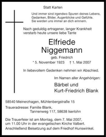 Todesanzeige von Elfriede Niggemann von WESTFÄLISCHER ANZEIGER