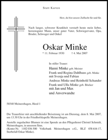 Todesanzeige von Oskar Minke von WESTFÄLISCHER ANZEIGER