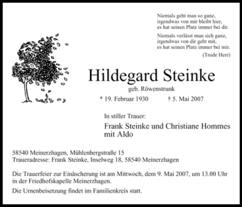 Todesanzeige von Hildegard Steinke von WESTFÄLISCHER ANZEIGER