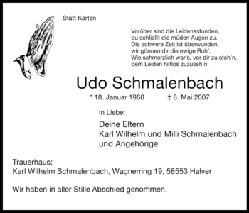 Todesanzeige von Udo Schmalenbach von WESTFÄLISCHER ANZEIGER