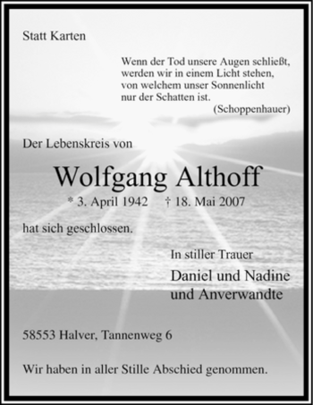 Todesanzeige von Wolfgang Althoff von WESTFÄLISCHER ANZEIGER