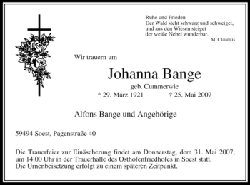 Todesanzeige von Johanna Bange von WESTFÄLISCHER ANZEIGER