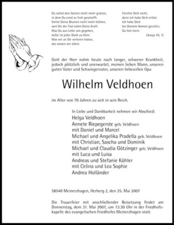 Todesanzeige von Wilhelm Veldhoen von WESTFÄLISCHER ANZEIGER