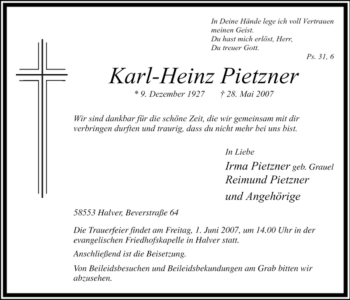 Todesanzeige von Karl - Heinz Pietzner von WESTFÄLISCHER ANZEIGER