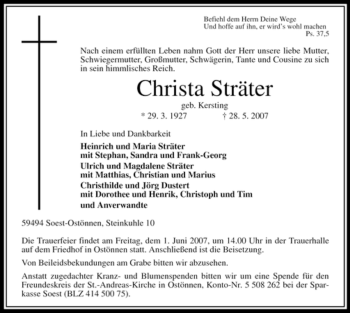 Todesanzeige von Christa Christa Sträter von WESTFÄLISCHER ANZEIGER