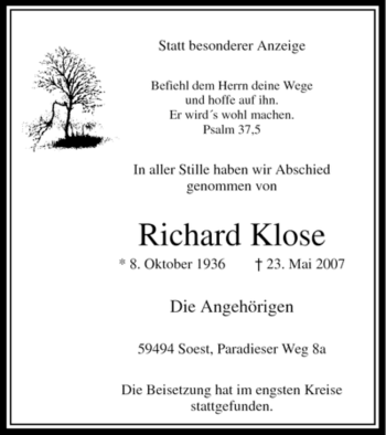 Todesanzeige von Richard Klose von WESTFÄLISCHER ANZEIGER