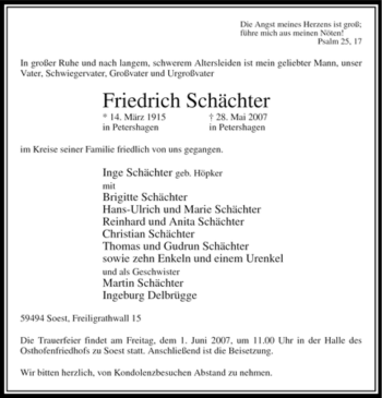 Todesanzeige von Friedrich Schächter von WESTFÄLISCHER ANZEIGER