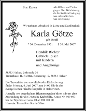 Todesanzeige von Karla Karla Götze von WESTFÄLISCHER ANZEIGER