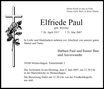 Todesanzeige von Elfriede Paul von WESTFÄLISCHER ANZEIGER