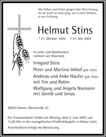 Todesanzeige von Helmut Stins von WESTFÄLISCHER ANZEIGER