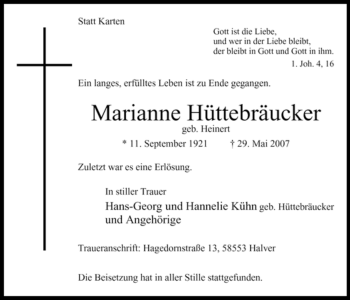 Todesanzeige von Marianne Hüttebräucker von WESTFÄLISCHER ANZEIGER