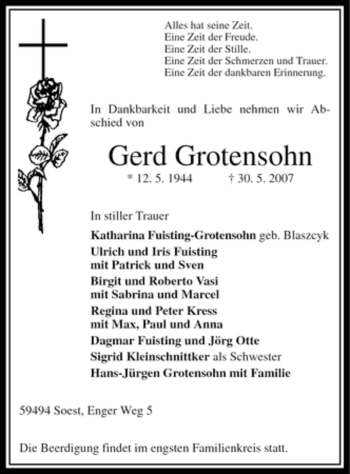 Todesanzeige von Gerd Grotensohn von WESTFÄLISCHER ANZEIGER