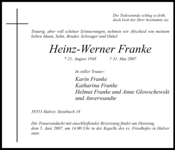 Todesanzeige von Heinz Werner Franke von WESTFÄLISCHER ANZEIGER