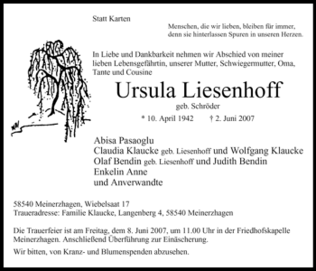 Todesanzeige von Ursula Liesenhoff von WESTFÄLISCHER ANZEIGER