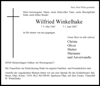 Todesanzeige von Wilfried Winkelhake von WESTFÄLISCHER ANZEIGER