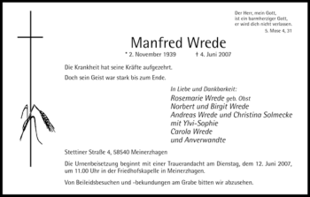 Todesanzeige von Manfred Wrede von WESTFÄLISCHER ANZEIGER