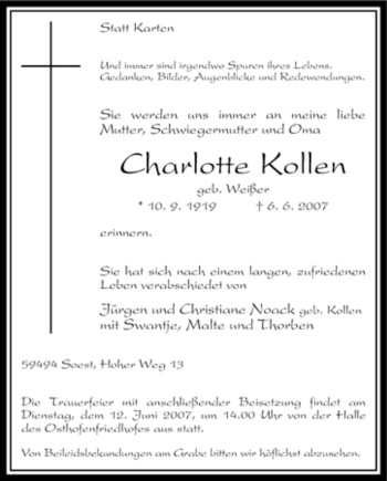 Todesanzeige von Charlotte Kollen von WESTFÄLISCHER ANZEIGER