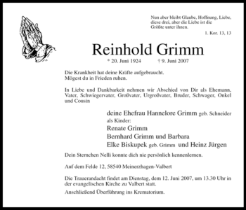 Todesanzeige von Reinhold Grimm von WESTFÄLISCHER ANZEIGER