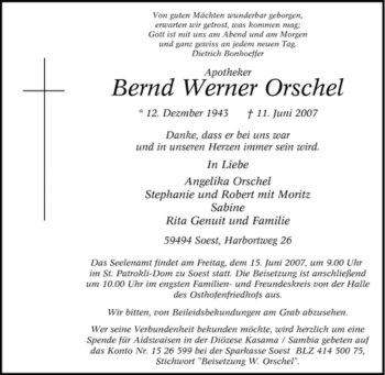 Todesanzeige von Bernd Werner Orschel von WESTFÄLISCHER ANZEIGER